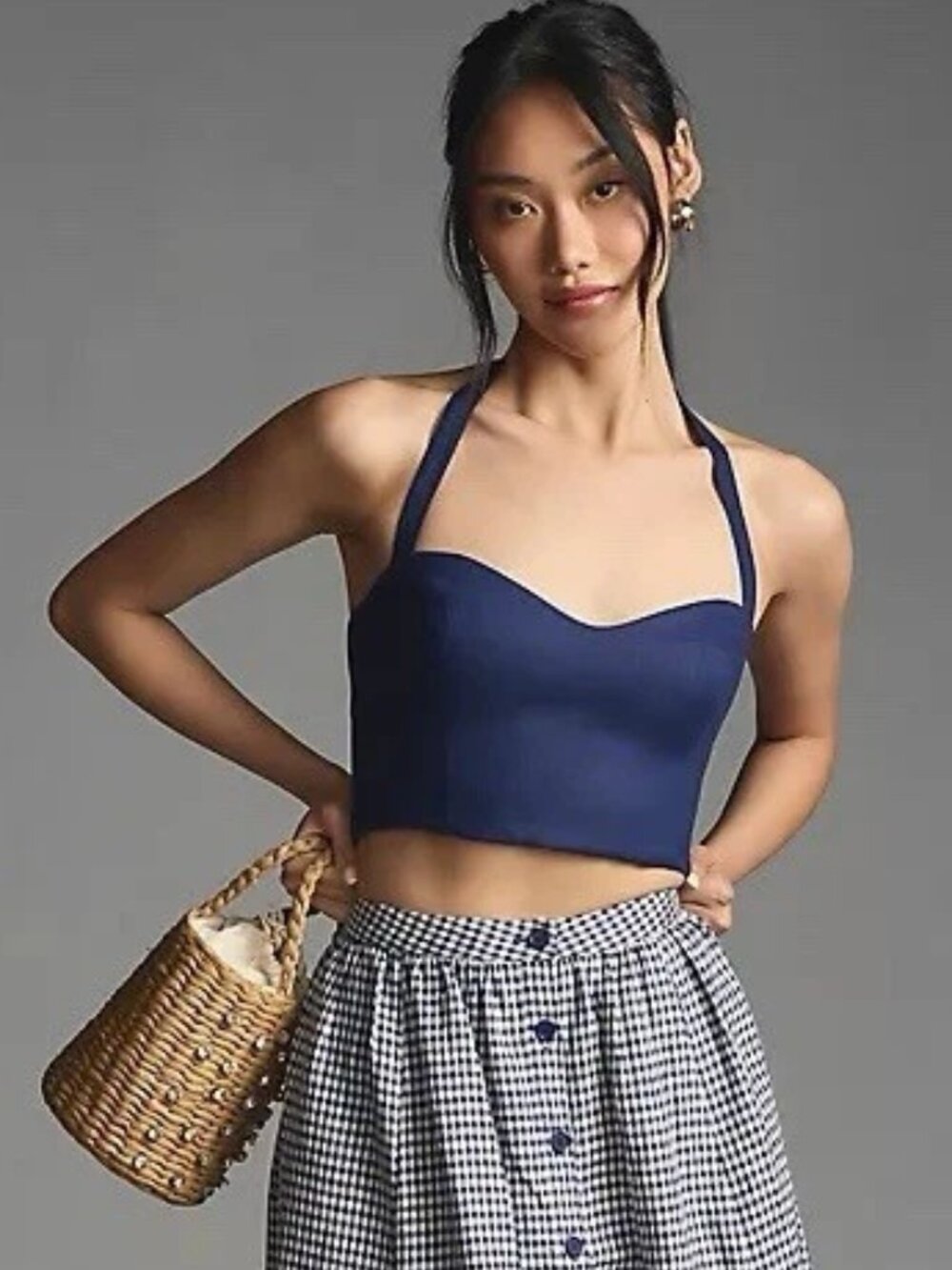 Reformation x Anthropologie Orzo Linen Halter Crop Top in Navy Blue